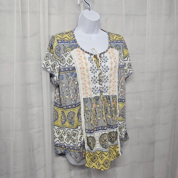 Yellow Gray Embroidered Blouse Patchwork Paisley Boho Festival Hippie 0X - Picture 4 of 11